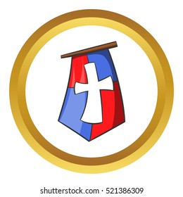 Red and blue medieval banner flag with cross vector icon in golden circle, cartoon style isolated on white background