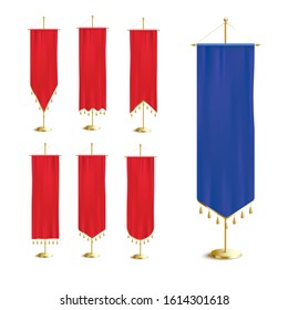 Red and blue medieval banner set with realistic silk fabric texture hanging on golden pole stands with dangling gold thread decorations - isolated vector illustration