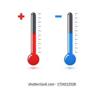 Red and blue mercury thermometers vector illustration. Hot and cold temperature sensor icons. Chemical test tubes, chemistry experiment elements.