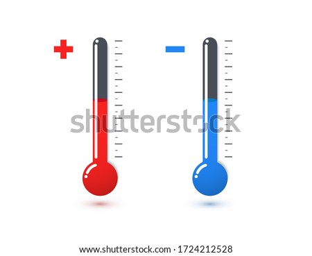 Red and blue mercury thermometers vector illustration. Hot and cold temperature sensor icons. Chemical test tubes, chemistry experiment elements.