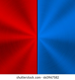 Red and blue metal technology background with polished, brushed circular concentric texture. Vector illustration.