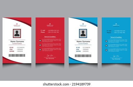 Red blue modern business id card design. Simple clean corporate id card template. Elegant company identity. Creative office identification card design. Professional employee id card template.