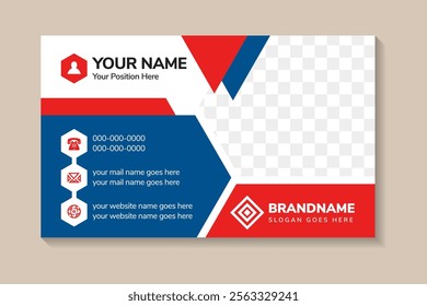 Red and Blue modern creative Corporate business card design and name card, simple, Eye catching, Professional, clean template vector with Triangle, Rectangle and hlaf hexagon layout