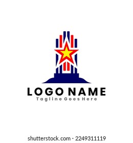 Plantilla de diseño del logo del monumento azul rojo con estrellas rojas amarillas.