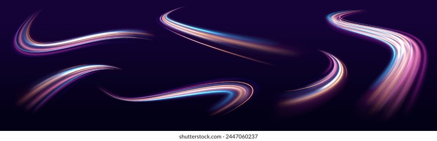 Red blue motion police line, horizontal light rays. The spiral wave looks like a road. Speed line with sports cars. Spinning dynamic neon circle. Particle motion effect. Vector.