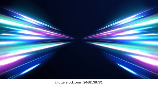 Red blue motion police line, horizontal light rays panoramic high speed technology concept, light abstract background. Light arc in neon colors, in the form of a turn and a zigzag.	