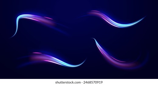 Red blue motion police line, horizontal light rays. Abstract vector fire circles, sparkling swirls and energy light spiral frames. Luminous stripes on a transparent background. Vector.