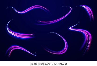 Red blue motion police line, horizontal light rays. Abstract vector fire circles, sparkling swirls and energy light spiral frames. Luminous stripes on a transparent background. Vector.	