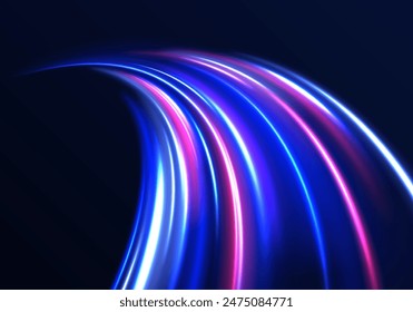 Red blue motion police line, horizontal light rays panoramic high speed technology concept, light abstract background. Light arc in neon colors, in the form of a turn and a zigzag.	