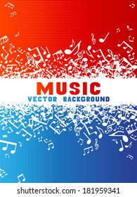 Red and blue music background. Set of white music elements on coloured background. There is place for your text.