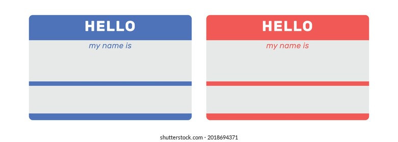 Red and blue name tag empty sticker HELLO my name on white background. Vector illustration clip-art element for design 
