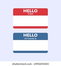 Red and blue name tag set. Vector templates with blank space. Hello, I’m, my name is.