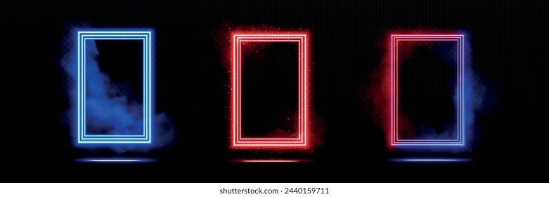 Red and blue neon frames set isolated on transparent background. Vector realistic illustration of rectangle borders, magic light portals with smoke and sparkles, fire and ice effect, design elements