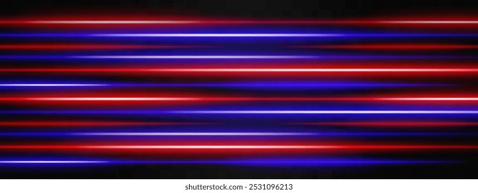 Red and blue neon light streaks. Dynamic horizontally across a black background, creating a vibrant and energetic effect.