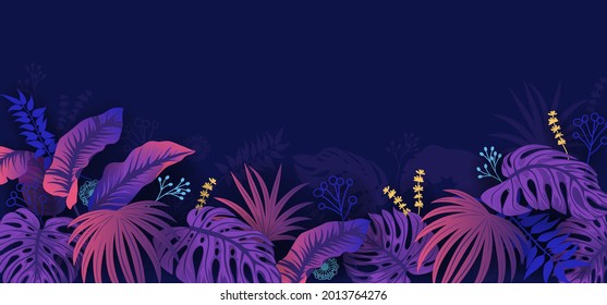 Red blue neon light, trendy background with tropical vector plant and leaf. Palm leaves.