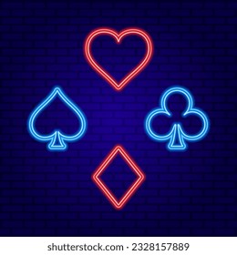Red and Blue Neon Line Card Suits for Poker and Casino on Dark Purple Wall background vector illustration
