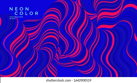 Red and blue neon optical fluid wave. Duotone wavy line compositions. Dynamic flow background design for cover, flyer.