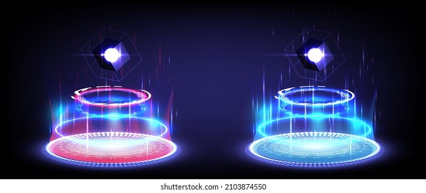 Red And Blue Neon. Sci-fi Digital High-tech Collection In Glowing HUD. Hologram Portal Of Science Futuristic. Magic Warp Gate In Game Fantasy. Abstract Technology. Circle Teleport Podium