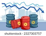Red and blue oil barrels and downward arrow vector illustration. Cartoon drawing of reduction of industrial crude oil production for stable prices on global market. Industry, energy, economy concept