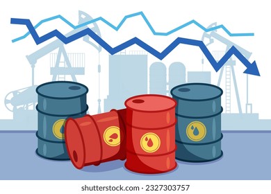 Rote und blaue Ölfässer und nach unten gerichtete Vektorgrafik. Cartoon Zeichnung der Verringerung der industriellen Rohölproduktion für stabile Preise auf dem Weltmarkt. Industrie, Energie, Wirtschaftskonzept