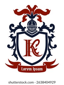 Red and blue old style heraldic shield with knight helmet.