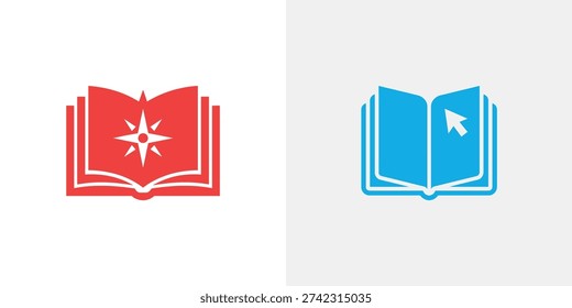 Red and blue open book with compass and cursor symbols