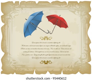 Red and blue open umbrellas on vintage sheet