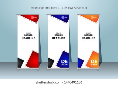 Red, Blue and Orange Abstract Shapes Modern Exhibition Advertising Trend Business Roll Up Banner Stand Poster Brochure flat design template creative concept.  Cover Publication. banner templates.