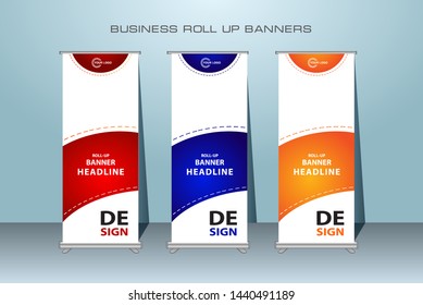 Red, Blue and Orange Abstract Shapes Modern Exhibition Advertising Trend Business Roll Up Banner Stand Poster Brochure flat design template creative concept.  Cover Publication. banner templates.
