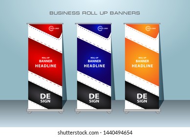 Red, Blue, Orange Abstract Shapes Modern Exhibition Advertising Trend Business Roll Up Banner Stand Poster Brochure flat design template creative concept. Presentation. Cover Publication. 