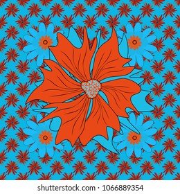 Red, blue and orange background. Stylish graphic design. Geometric flower vector ornament. Seamless abstract floral pattern.