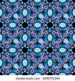 Red, blue and orange colors seamless pattern with many flowers.
