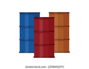 red blue orange metal barrel with diesel fuel radioactive substance on a white background