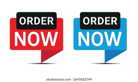 red and blue order now labels with speech bubble design for online shopping and e-commerce marketing	
