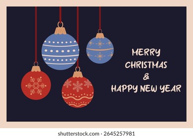 Vermelho, ornamentos azuis suspensos de fitas adornadas Motivos sazonais Decorações flocos de neve criar atmosfera festiva Natal alegre e feliz texto de Ano Novo Vertical Darl fundo azul