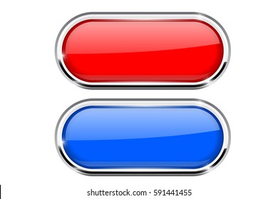 Red and blue oval buttons with metal frame. Vector 3d illustration isolated on white background