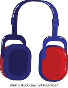 Ilustración vectorial de audífonos rojos y azules sobre los oídos. Equipo de audio moderno, dispositivo de escucha de música.