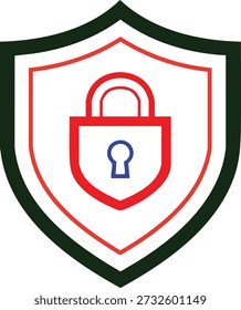 Candado rojo y azul dentro de un símbolo de escudo delineado verde y rojo sobre fondo blanco