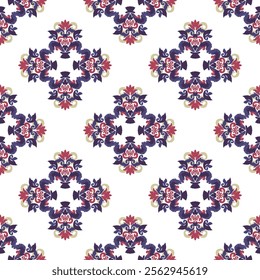 Red, blue, and pale pink embroidery, motif ethnic ikat seamless textile illustration, print striped ornament, pattern, design for wrapping, silk, scarf, clothing, carpets, and curtains.