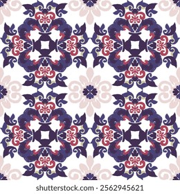 Red, blue, and pale pink embroidery, motif ethnic ikat seamless textile illustration, print striped ornament, pattern, design for wrapping, silk, scarf, clothing, carpets, and curtains.