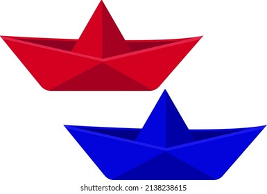 Red and blue paper boats, illustration, vector on a white background.
