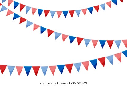 Red blue paper bunting party flags isolated on white background. Carnival garland with flags. Decorative colorful party pennants for birthday celebration, festival decor. Colorful bunting flags.