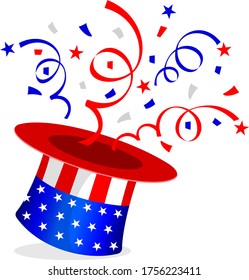 Red And Blue Paper Shoot นut Of The Hat. Celebrating Fourth Of July Independence Day, United States.  Illustration.