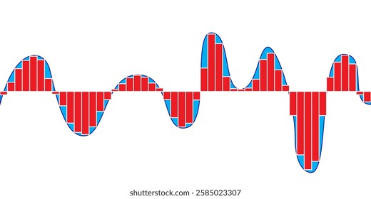 Red and blue parabolic curves of analog to digital conversion circuit or DAC. Discretization of signal in time and quantization in level. Vector illustration