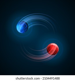 Red and blue particles collision. Vector illustration. Atom fusion, explosion concept. Abstract molecules impact. Atomic energy power blast, electrons protons collide. Yin yang balance science poster