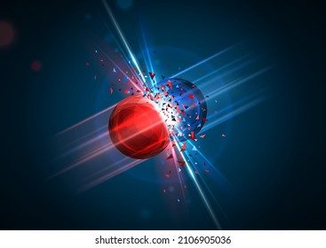 Colisión de partículas rojas y azules. Ilustración vectorial. Fusión átoma, concepto de explosión. Impacto de moléculas abstractas. Explosión de energía atómica, colisionan electrones protones. Destrucción de dos núcleos