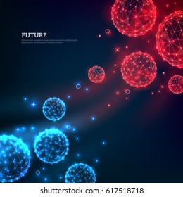 Red and blue particles flowing towards on dark background. Vector illustration. Abstract molecules impact. Connection Structure. Geometric Modern Technology Concept.