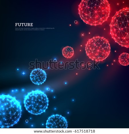 Red and blue particles flowing towards on dark background. Vector illustration. Abstract molecules impact. Connection Structure. Geometric Modern Technology Concept.