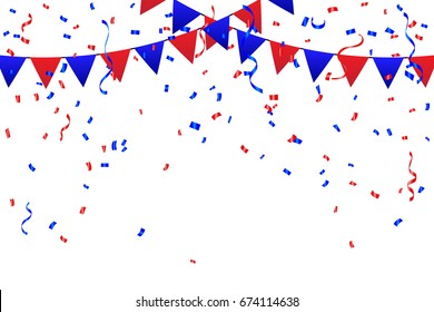 Red And Blue Party Flags With Confetti And Ribbons Falling On Background. Celebration Event & Birthday. America Concept. Multicolored. Vector