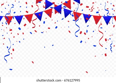 Red And Blue Party Flags With Confetti And Ribbons Falling On Transparent Background. Celebration Event & Birthday. America Concept. Multicolored. Vector